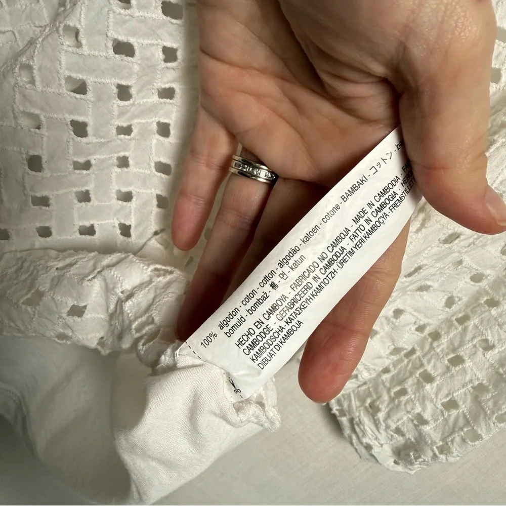Zara White Eyelet Puff Sleeve Top Size L Cotton
